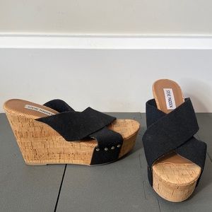 Steve Madden Wedge Sandals - size 7, black and cork